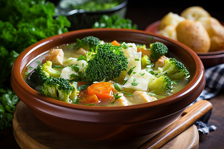 蔬菜面包桌面上的西兰花汤背景