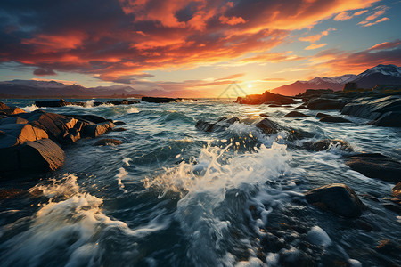 海面上的海浪和夕阳背景图片