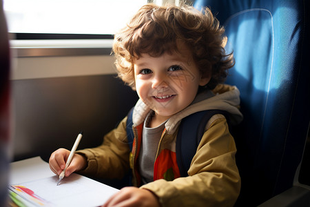 火车上画画的男孩背景图片
