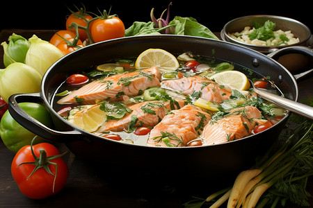 传统美食的三文鱼海鲜汤背景图片