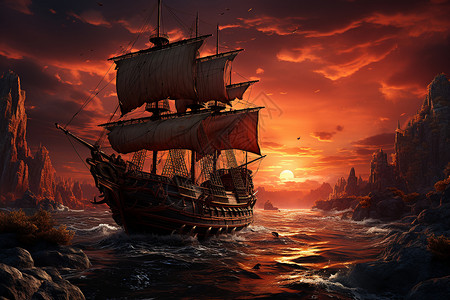 日落时海洋中的船只背景图片