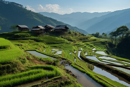 风景优美的水稻种植梯田背景图片