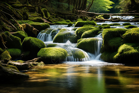 绿意盎然的森林溪流景观背景图片