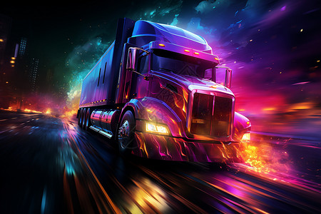 霓虹灯光下的运输卡车背景图片