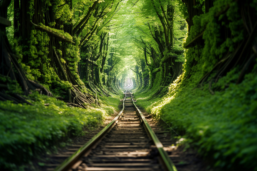 火车穿行的绿色隧道图片