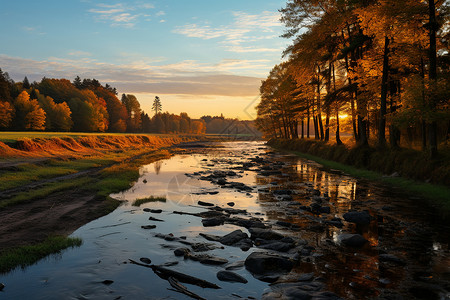 秋日河流景色背景图片