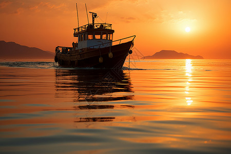 晚霞中的渔船背景图片