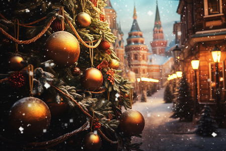 雪城夜晚的圣诞树背景图片
