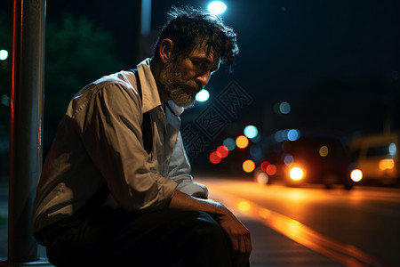 深夜路边颓废的中年男子背景图片