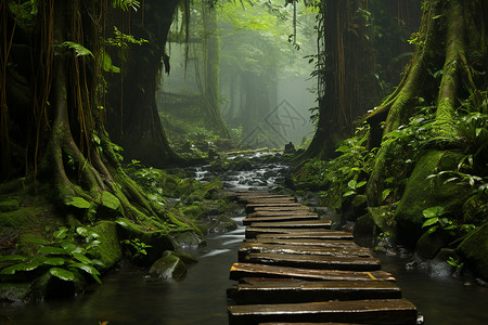 丛林中的木栈道背景图片