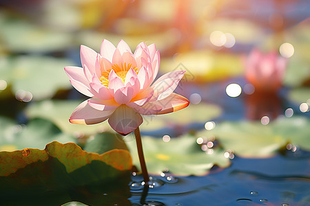 水面上漂浮着一朵粉色的莲花高清图片