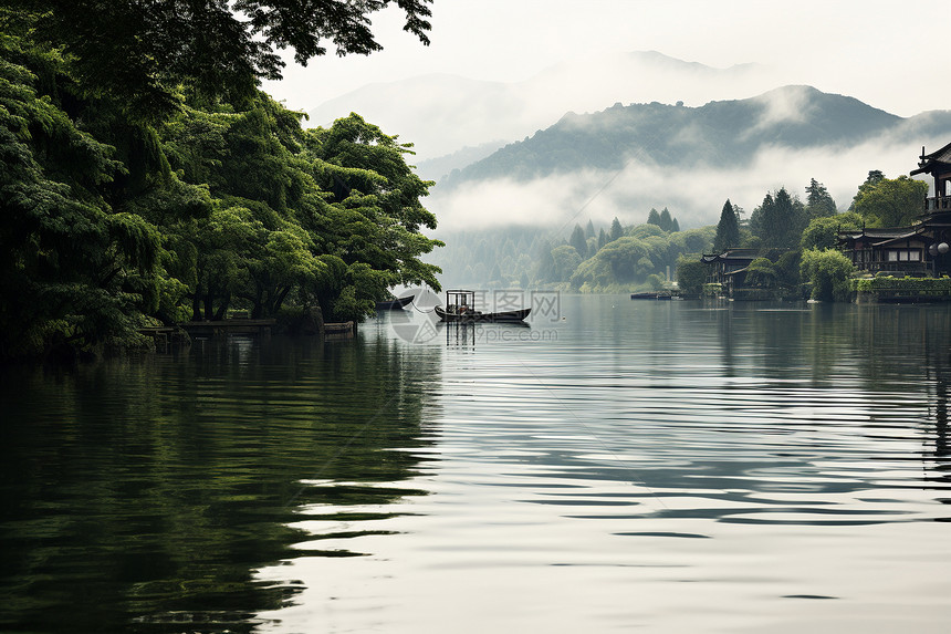 湖畔迷雾风景图片
