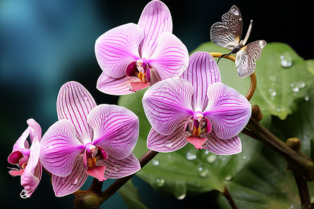 花朵上有蝴蝶和水珠背景图片