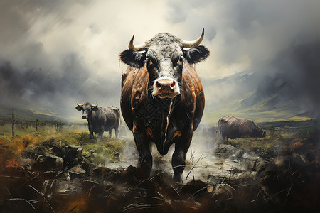牦牛群草丛水流中的牛群插画