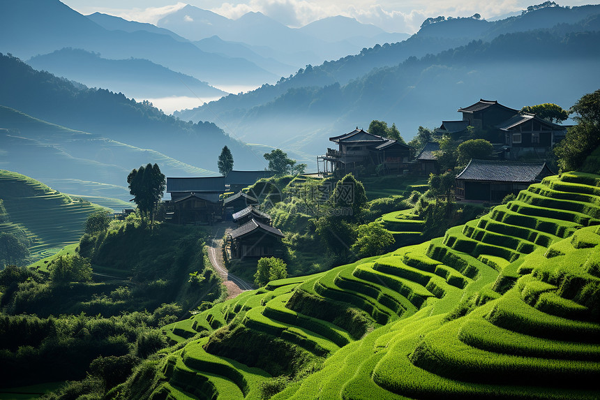 户外山坡上种植的稻谷图片