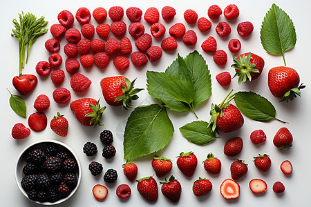 桌面上美味的草莓和桑葚背景图片