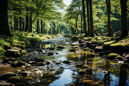 森林中流淌的溪流背景图片
