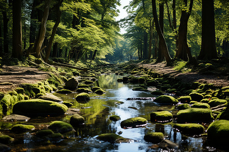 森林中的岩石和溪流背景图片
