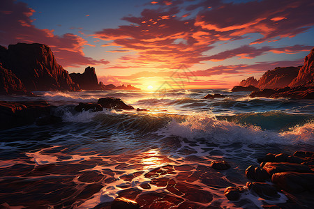 夕阳余晖下的海岸线背景图片