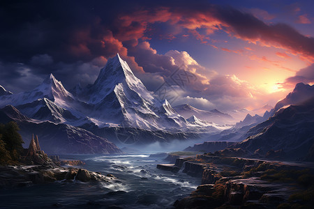 梦幻雪山河流背景图片
