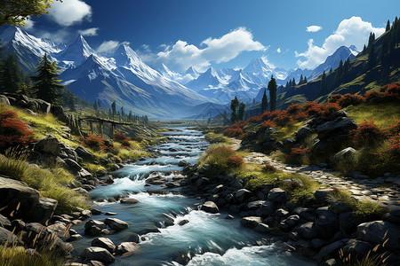 雪山下的河流背景图片