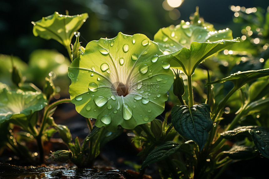 清晨的露珠萦绕绿色植物图片