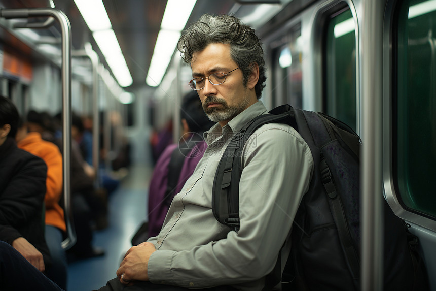地铁上疲惫的中年男子图片