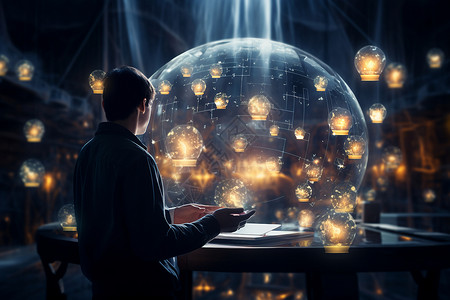 桌面上科技的发光球体背景图片