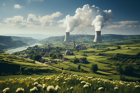 绿田之上的核电站背景图片