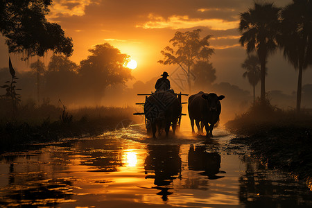 农夫驾着水牛背景图片