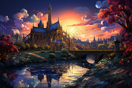 夕阳下的城堡背景图片