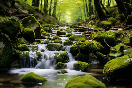 绿林中的溪流背景图片