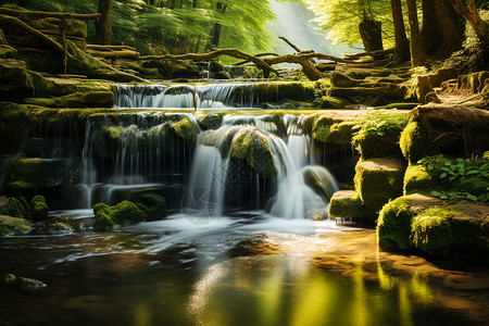 森林中的瀑布与流水背景图片