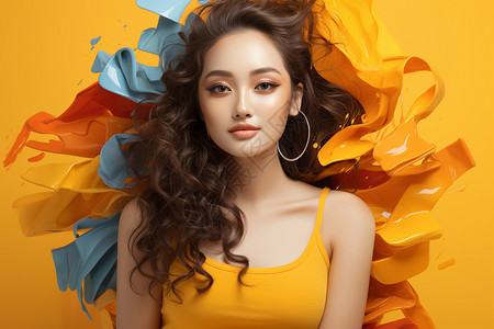 彩带标题彩色飘带下的长发女子中文标题彩带姿馨背景