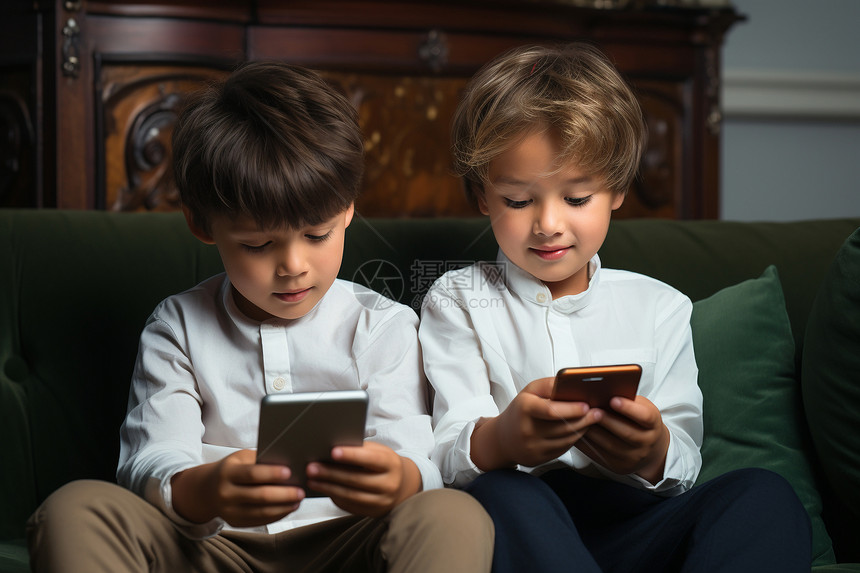 两个年轻男孩在沙发上看平板电脑图片