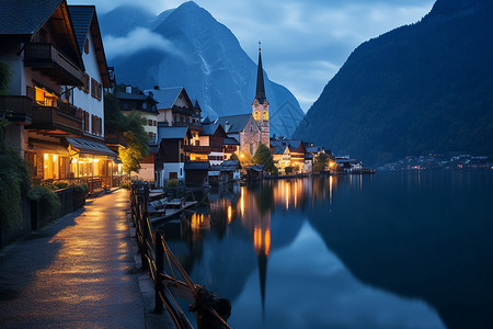 夜晚的小镇夜晚下的山间湖光小镇背景