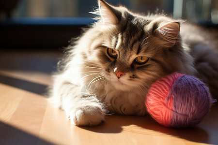 毛线玩具小猫和它的毛线球玩具背景