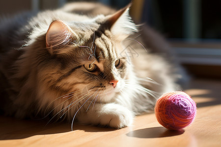 可爱毛毛球毛线球边的猫咪背景