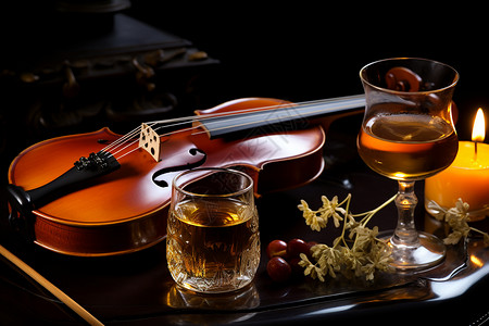 小提琴旁边的酒杯背景图片