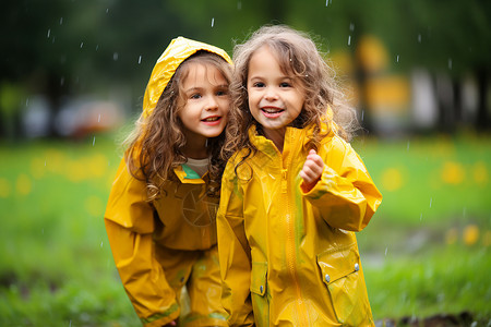 两个小女孩穿着黄色雨衣背景图片