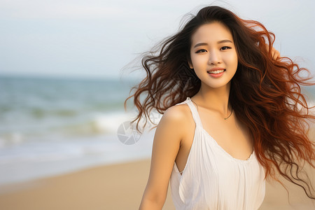 海滩上快乐微笑的女孩背景图片