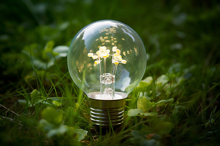 灯泡绿草草坪上的发光灯泡设计图片