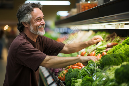 超市中年男子挑选蔬菜背景图片