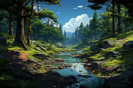 神奇森林里的溪流背景图片