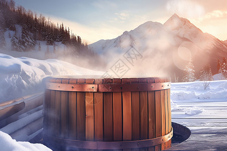 雪山温泉休闲沐浴的温泉水桶背景