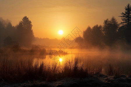 雾气弥漫的湖畔日出背景图片