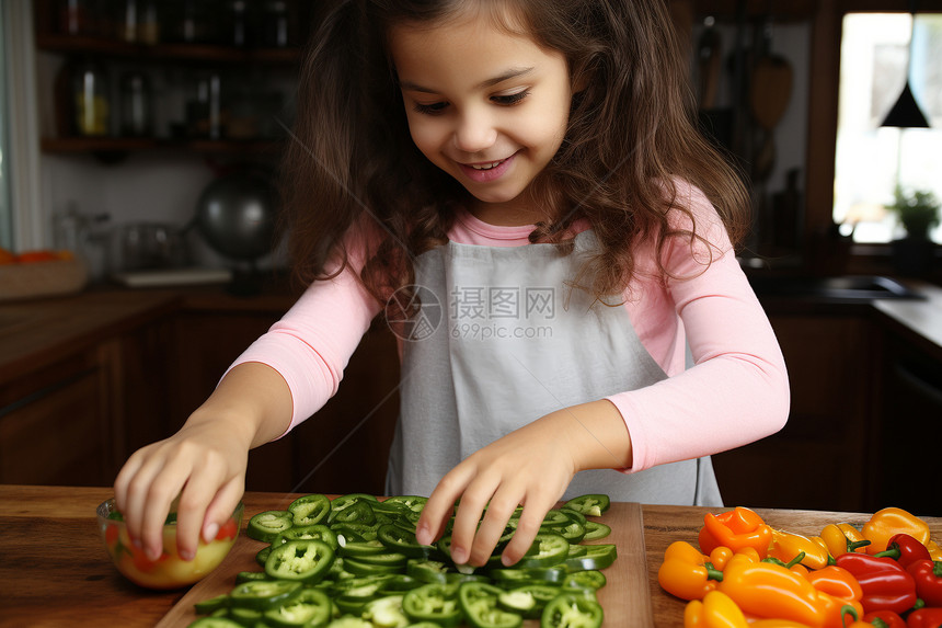 厨房中切割蔬菜的小女孩图片