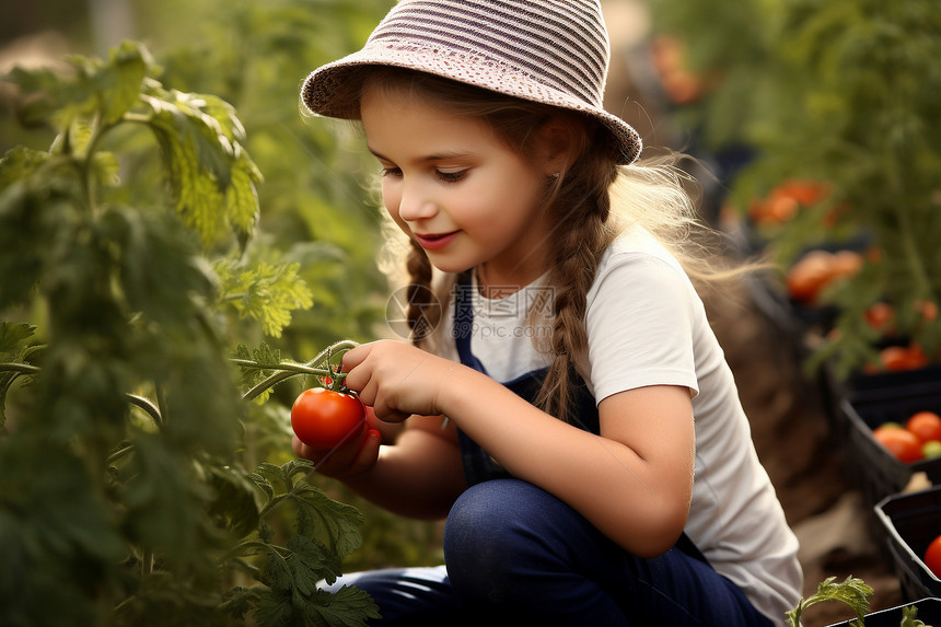小女孩在庭院中采摘番茄图片