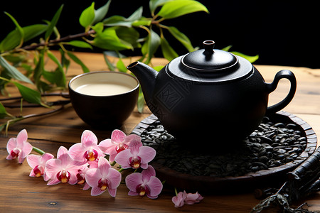 青瓷茶具和兰花图片素材