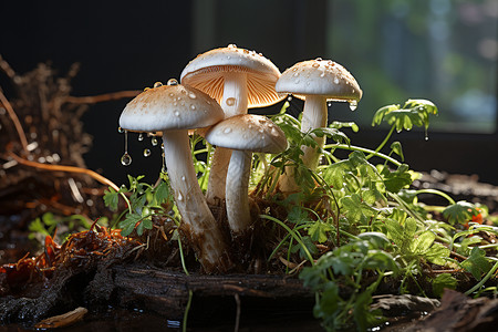真菌草地上的小蘑菇背景